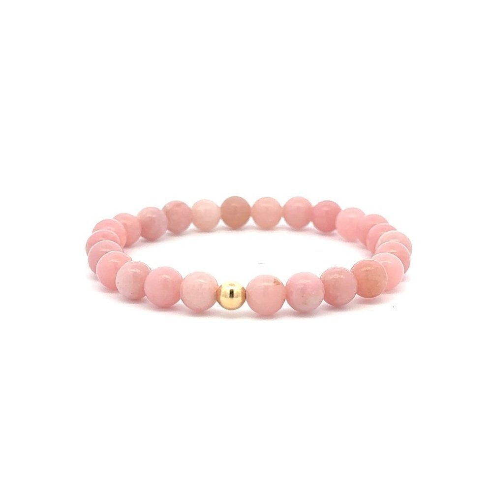 Natural Opal Pink Gemstones 6mm Stretchable Bracelet 18k Gold Bead Charm